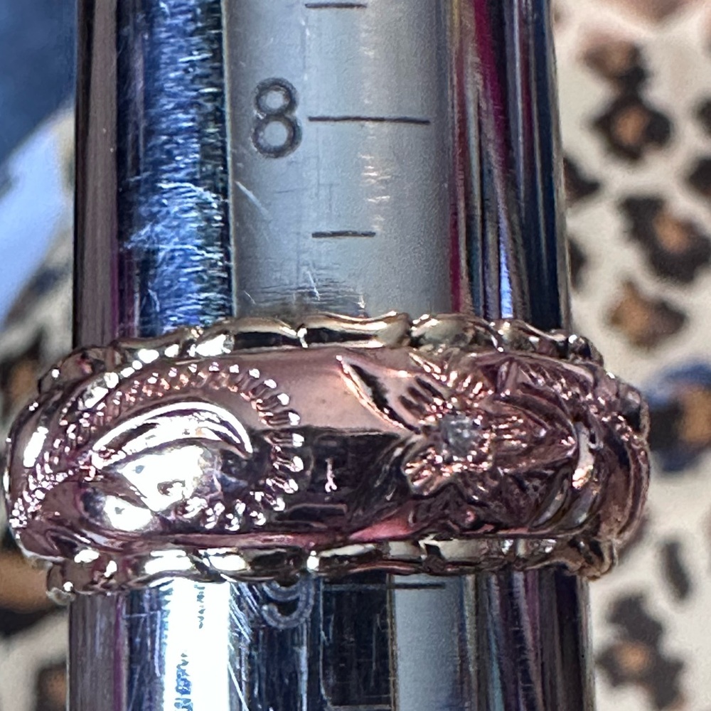 Hawaiian Heirloom Plumeria Wedding Band Rose & Yellow Gold Cubic Zirconia - Picture 9 of 13